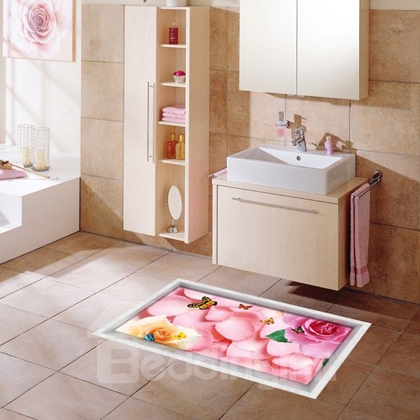 Etiqueta engomada del piso 3D del baño a prueba de agua que previene resbalones del patrón de rosas rosadas