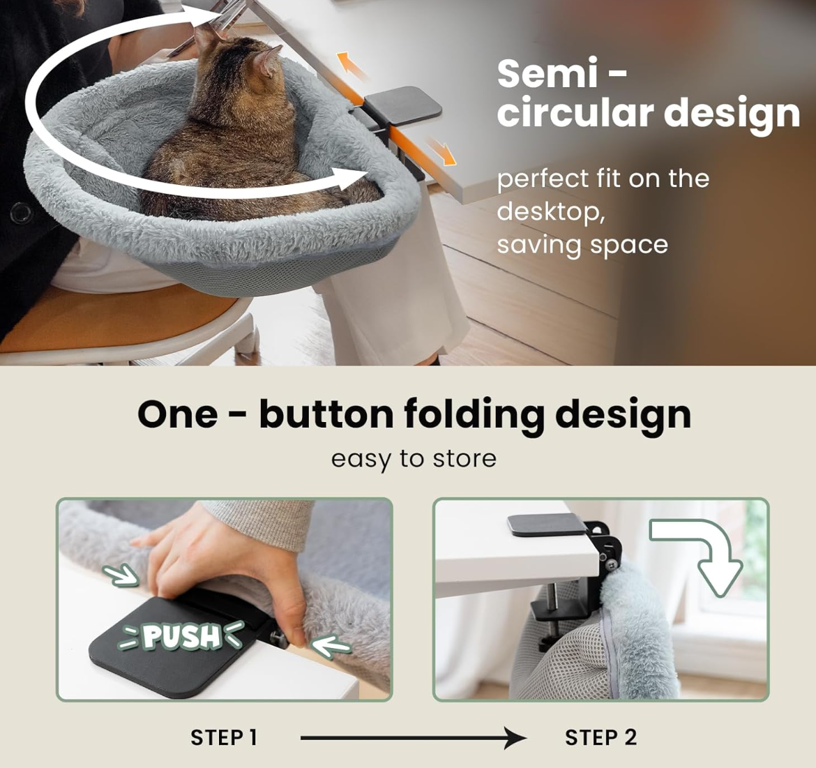 JUNSPOW Cat Desk Bed - One-Click Folding,Sunken Design & Space-Saving Semi-Circular Cat Bed, Soft Faux Rabbit Fur Material, Suitable for Various Desktops-Maximum Hold Up to 40lb