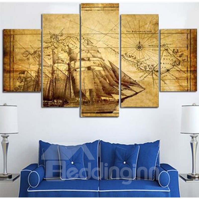 Yellow Vintage Sailboat and Map 5-Panel Canvas Hanging Eco-friendly Non-framed Prints