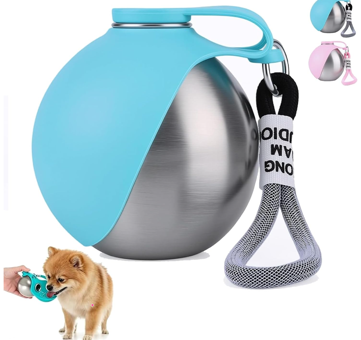 2 in 1 Portable Tumbler for Dogs, Portable Dog Water Ball, 10oz Stainless Steel Pet Water Dispenser with Silicone Foldable Bowl, Leak Proof, Portable Small Dog Water Bottle for Walking, Hiking(Blue)