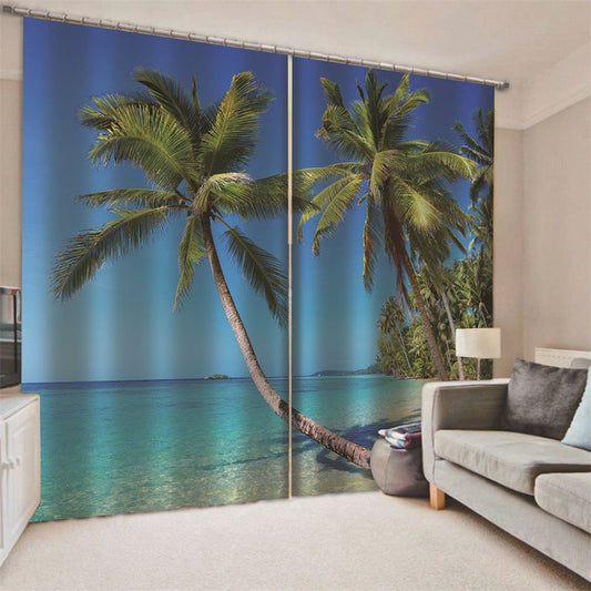 Blue 3D Print Blackout Curtains Sea And Coconut Trees Custom 2 Panels Drapes for Living Room Bedroom No Pilling No Fading No off-lining Polyester