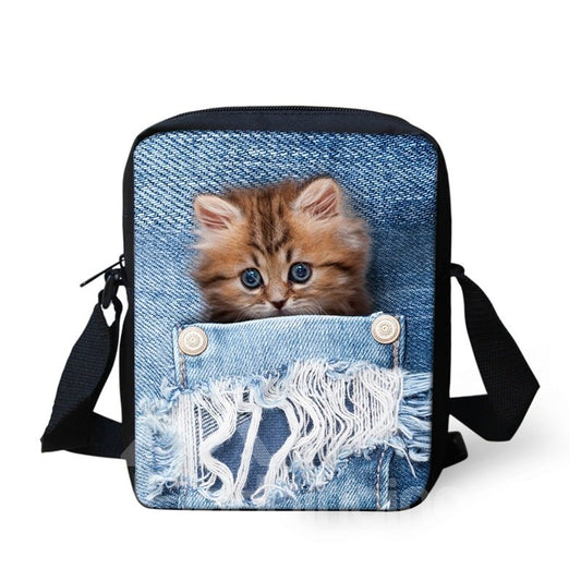 3D Tiere Orange Katze Jeans Muster Messenger Bag Schultasche
