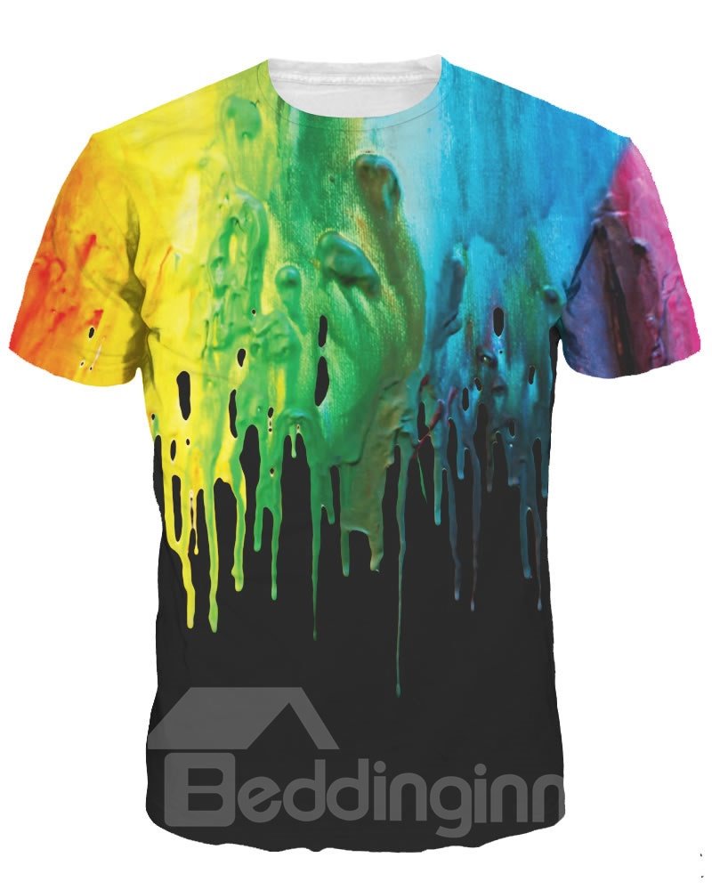 Colorful Liquid Falling Short Sleeve Round Neck 3D Painted T-Shirt