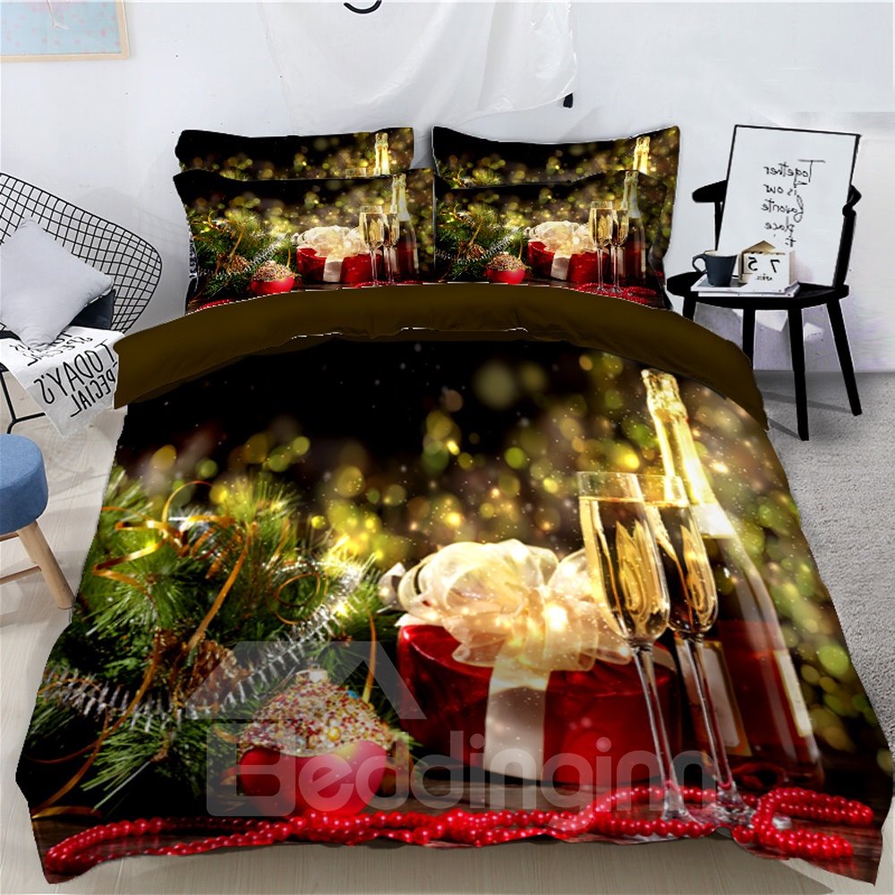 Champagne and Presents Celebrate Christmas 3D 4-Piece Bedding Sets/Duvet Covers