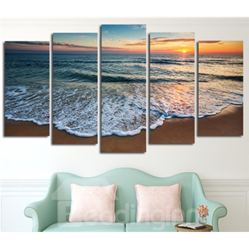 Beach in Sunrise Printed Hanging 5-Piece Canvas Eco-friendly and Waterproof Non-framed Prints