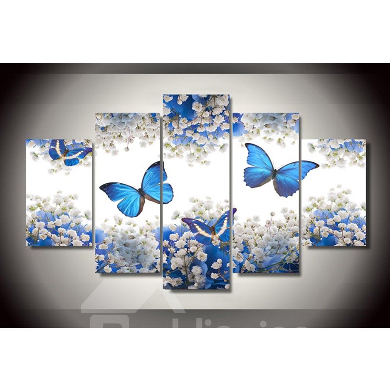 Blaue Schmetterlinge und weiße Blumen zum Aufhängen, 5-teilige Leinwand-Wanddrucke ohne Rahmen