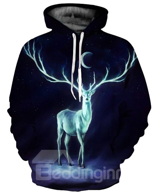 Cool Long Sleeve Deer Long Antlers Pattern 3D Painted Hoodie