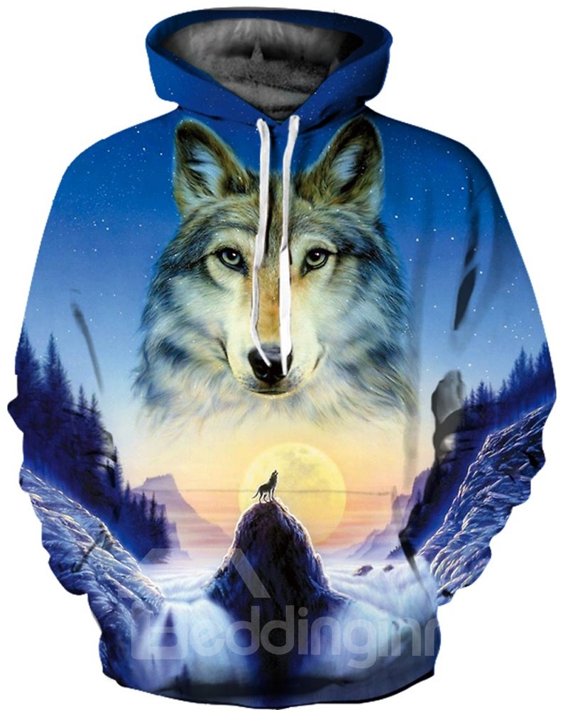 Sudadera con capucha especial pintada en 3D con bolsillo delantero y patrón de lobo de luna llena de manga larga
