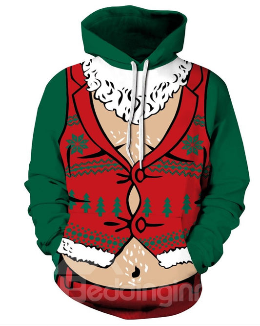 Sudadera con capucha pintada en 3D con patrón navideño de vientre y chaleco sexy de manga larga