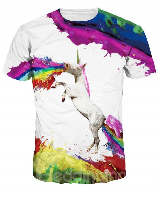 Camiseta Pintada 3D con Patrón Colorido Unicornio con Cuello Redondo de Moda
