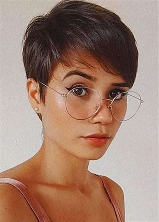 Schicke Pixie Cuts-Frisur, natürliches glattes Echthaar mit Pony, kappenlos, 120 % 10-Zoll-Perücken 