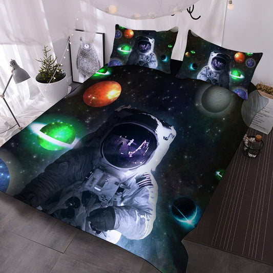 Juego de edredón de 3 piezas con diseño de astronauta espacial en 3D y 2 fundas de almohada, juego de cama Universe Planet 