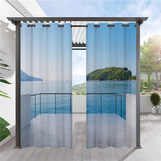 Moderne 3D-Landschaftsvorhänge für den Außenbereich, Seelandschaft, Cabana-Vorhang mit Ösen oben, wasserdicht, sonnenbeständig, wärmeisolierend, 2 Paneele
