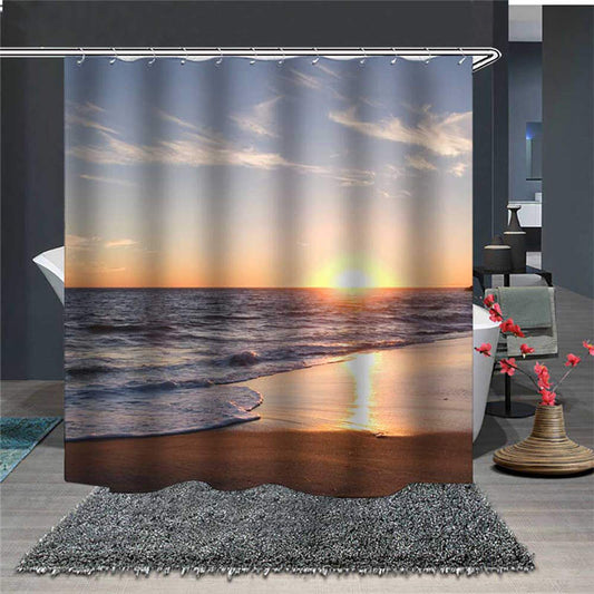 Cortinas de ducha de poliéster impermeables y resistentes al moho con paisaje de puesta de sol en la playa 3D 