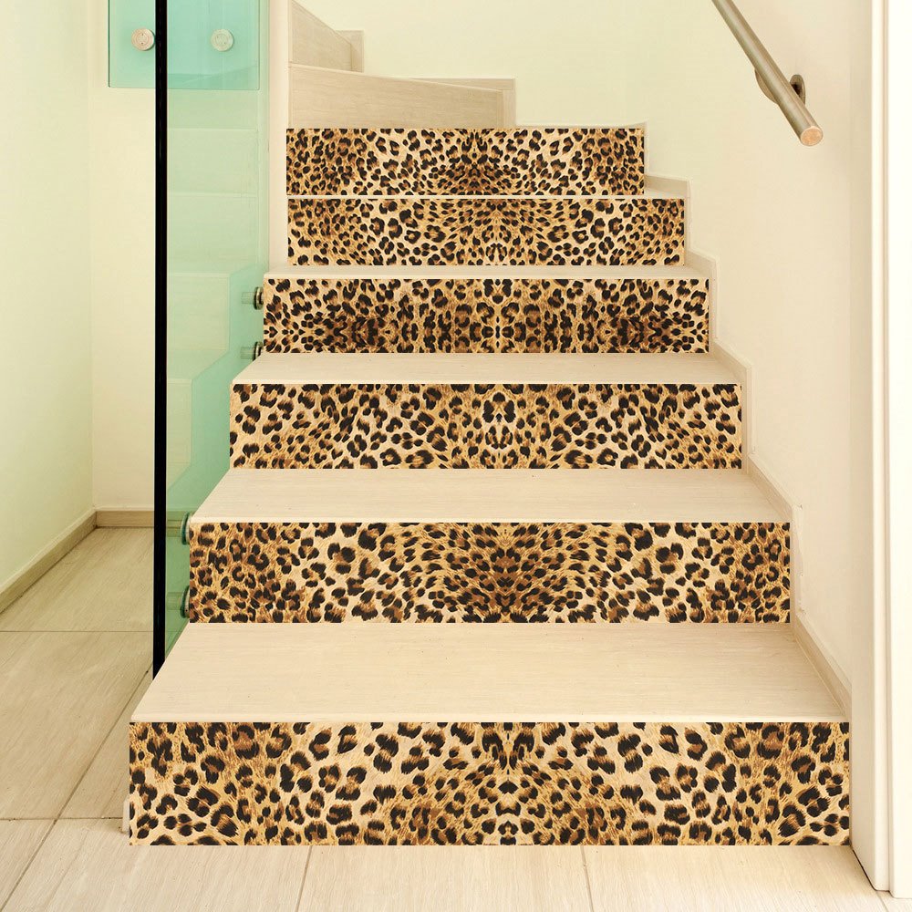 Murales de escalera impermeables, murales de escalera 3D de leopardo, pegatinas de pared de leopardo modernas, decoraciones de pared de PVC 