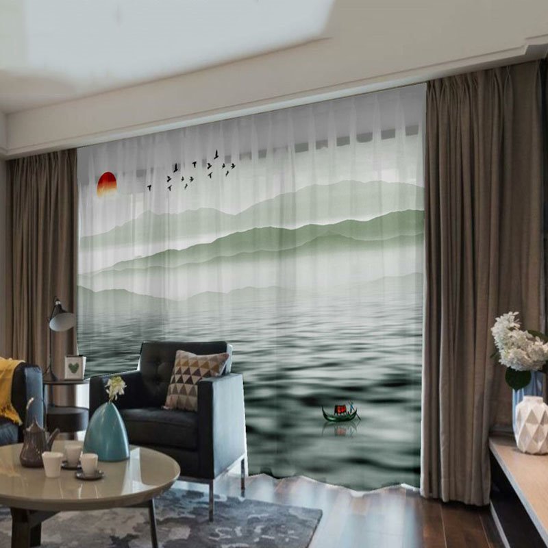 Transparente Vorhänge mit 3D-Druck „Calm Lake“, 2 Bahnen, Polyester, durchsichtig, für Wohnzimmer, Schlafzimmer, Dekoration, kein Pilling, kein Ausbleichen, kein Abblättern, 30 % Schattierungsrate 