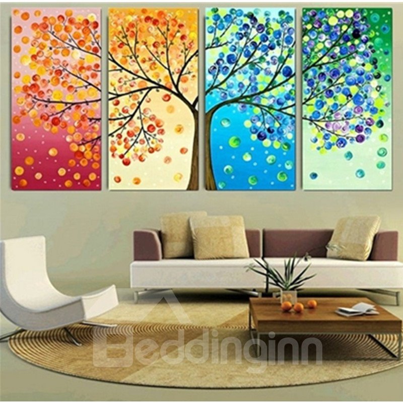 Colorful Tree Hanging 4-Piece Canvas Waterproof and Eco-friendly Non-framed Prints