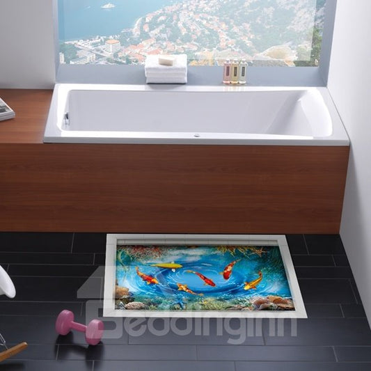 Peces creativos en agua azul, pegatina de suelo 3D a prueba de agua que evita resbalones