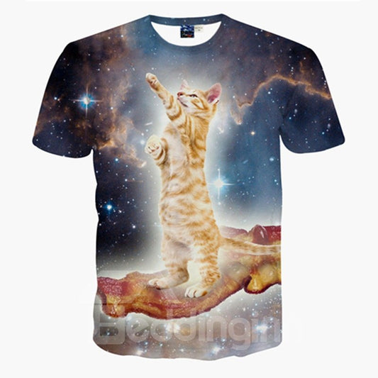 Unisex-T-Shirt „Katze in der Galaxie“, kurzärmelig, Rundhalsausschnitt mit 3D-Muster