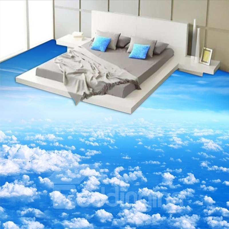 Murales de suelo 3D antideslizantes e impermeables con patrón de cielo azul y nubes blancas