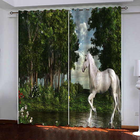 White Horse 2-Panel Blackout Curtain, Unicorn in the Woods Window Curtain for Living Room Bedroom