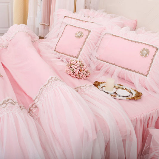 Romantisches Spitzen-Bettwäsche-Set, Blumenbett-Set, Prinzessinnen-Spitzen-Rüschen-Bettbezug, 4-teilig, inklusive 1 Bettrock, 1 Bettbezug, 2 Kissenbezüge 