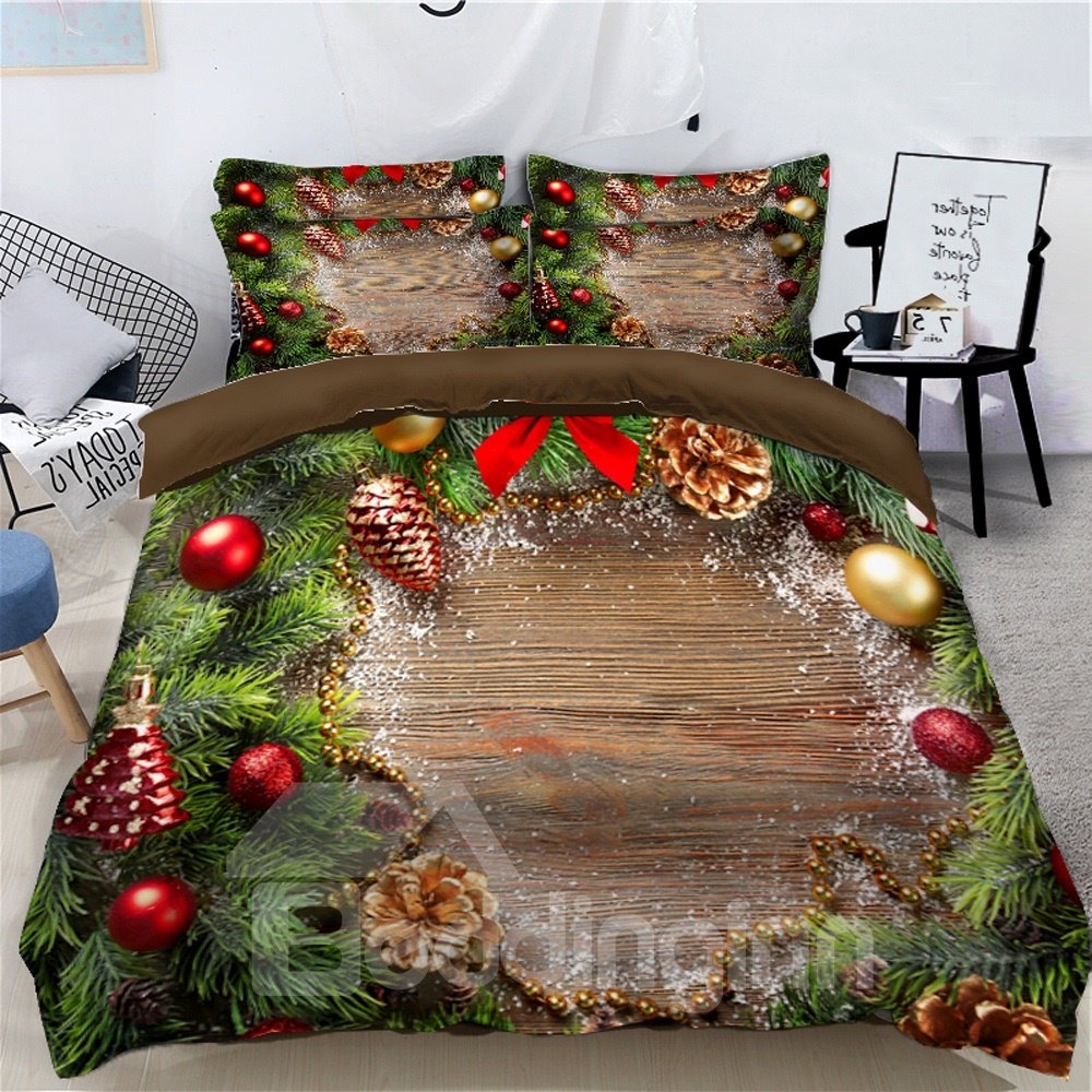 Christmas Tree Leaves and Ornaments Printed 3D 4-Piece Bedding Sets/Duvet Covers