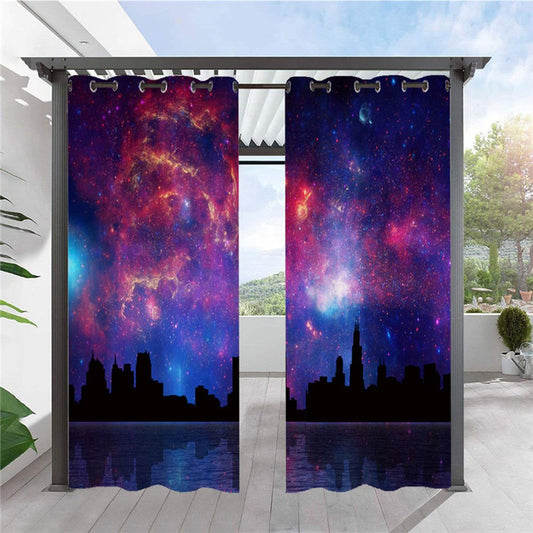 Cortinas modernas para exteriores, 3D galaxia y paisaje de ciudad, cortina superior con ojal, impermeable, a prueba de sol, aislante térmico, 2 paneles 
