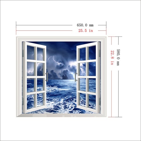 Etiqueta de la pared de la ventana 3D del cielo tormentoso azul y del mar de 25,5 × 22,8 pulgadas