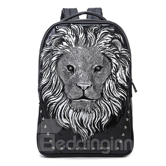 Rucksack mit 3D-Löwengesicht und Nieten, PU-Leder, Umhängetasche