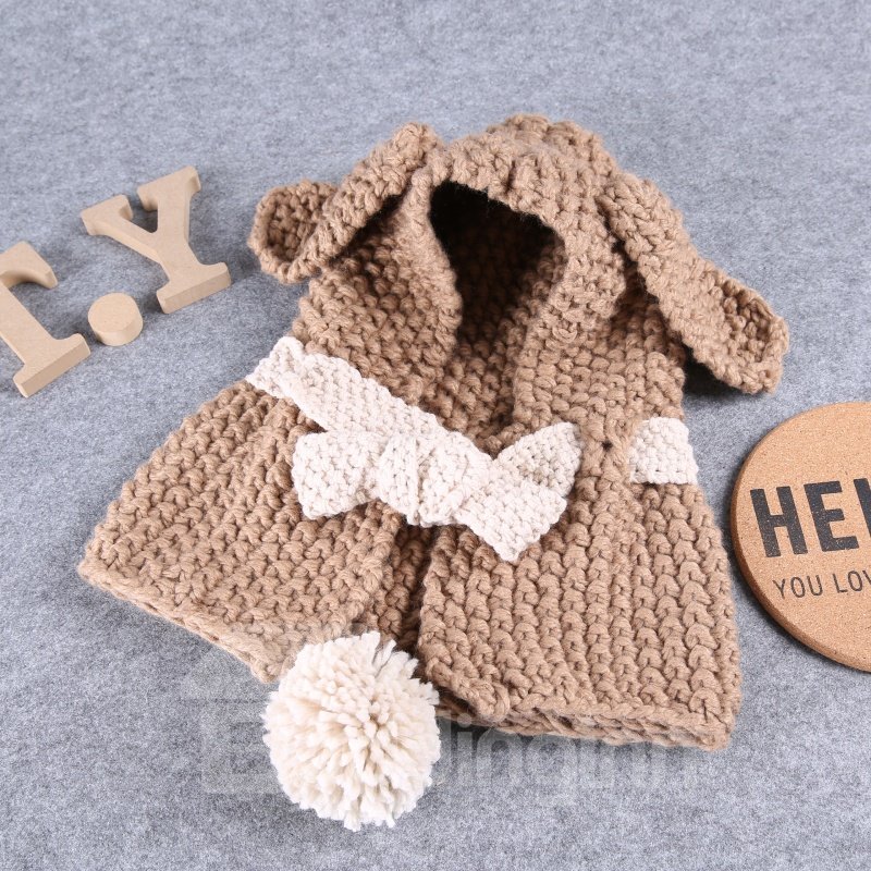 Bunny-ear Domed Knitted Brimless Hooded Cape with Pompon Baby Hat