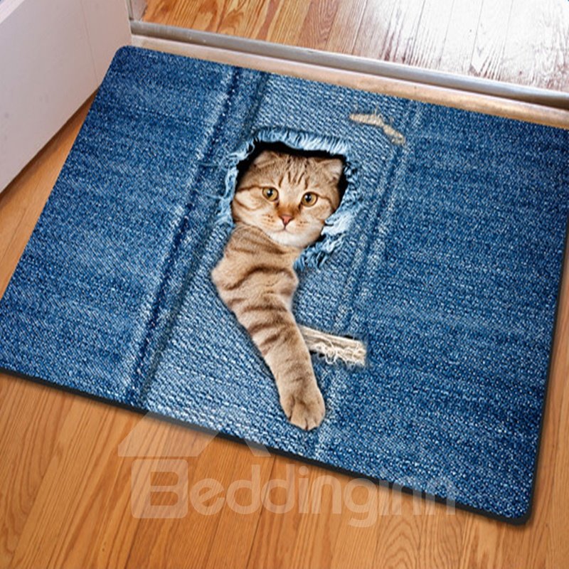 Felpudo antideslizante decorativo para el hogar con bonito diseño de gato rectangular divertido