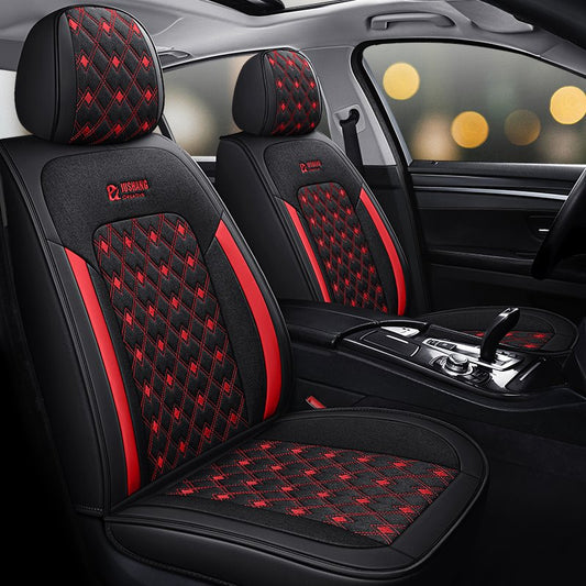 5 Seats Durable Leather Environmentally Friendly and Breathable Linen Material Trendy Diamond Lattice Pattern Security No Odor Stain Resistant Wear Resistant Full Coverage Four Seasons Universal Seat Covers