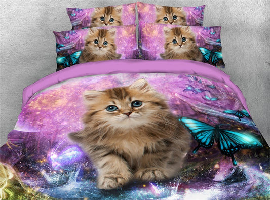 Juego de funda de edredón con estampado 3D de gato y mariposa, fondo de galaxia púrpura, juego de cama de 4 piezas, funda de edredón ultra suave con cierre de cremallera y lazos de esquina 