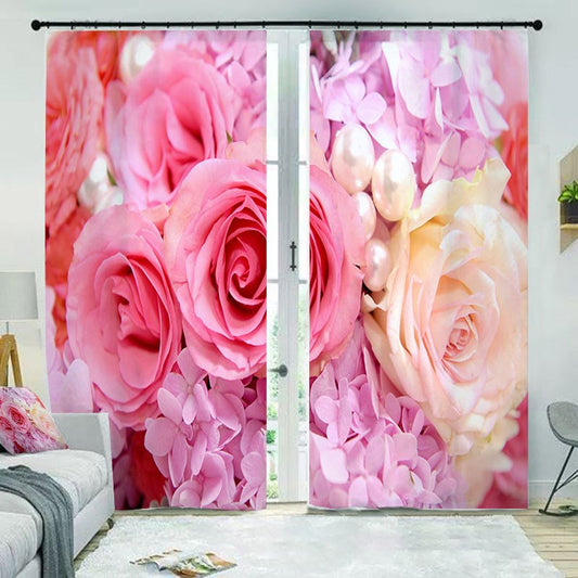 Cortinas florales 3D de color rosa moderno, 2 paneles de rosas, cortinas para decoración de sala de estar y dormitorio, sin pelusas, sin decoloración, sin forro de poliéster 