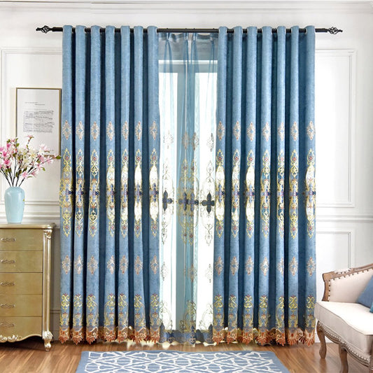 European Elegant Hollow Embroidery Shading Curtains Blue Blackout Curtain for Living Room Bedroom Custom 2 Panels Drapes No Pilling No Fading No off-lining