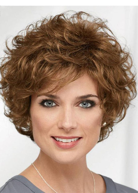 Kurze geschichtete Frisur für Damen, natürlich aussehendes braunes, lockiges Kunsthaar, kappenlose Perücken, 35,6 cm 