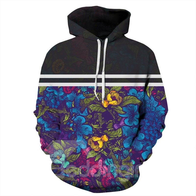 Sudadera con capucha de manga larga con estampado floral colorido y rayas largas en 3D