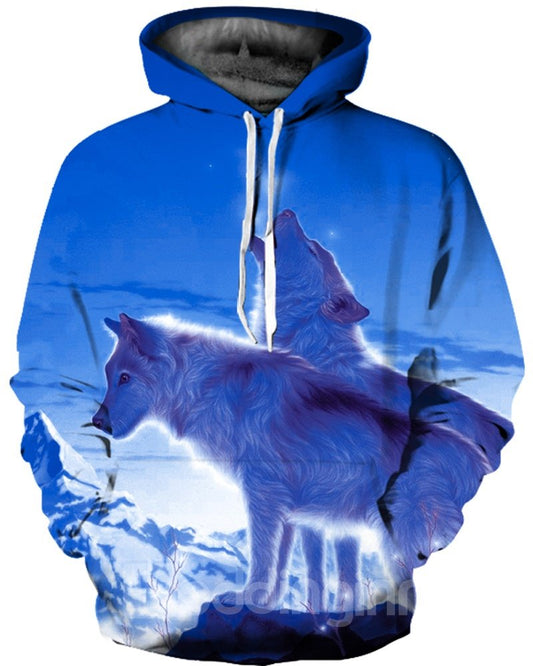 Sudadera con capucha pintada en 3D con patrón de lobos Iceberg de manga larga