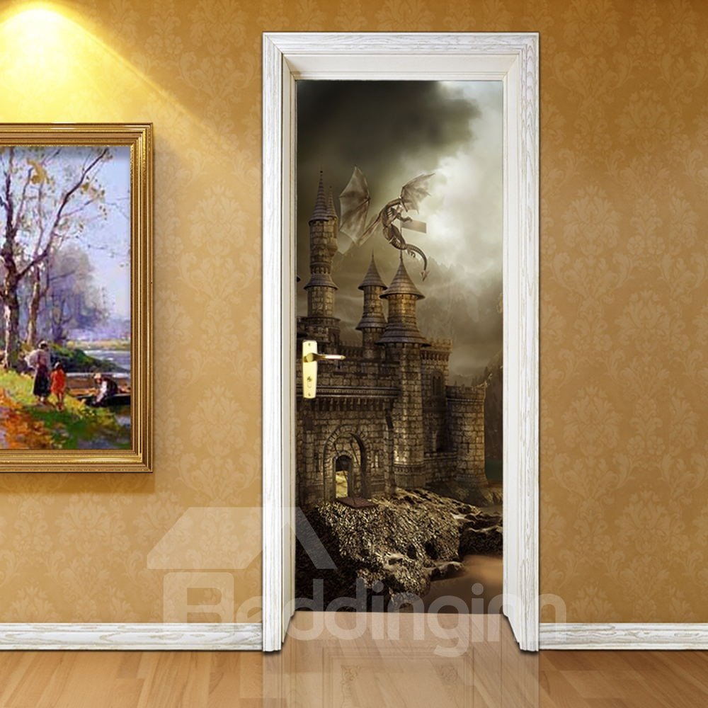 30¡Á79in Brown Castle Pattern Glorious Style PVC Environmental and Waterproof 3D Door Mura