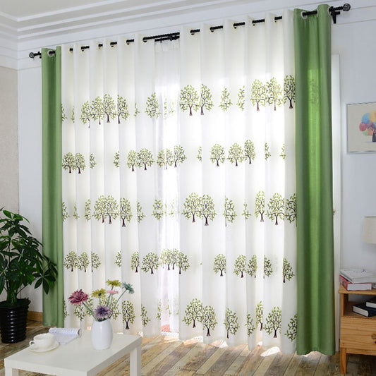 Cortinas transparentes con bordado verde fresco moderno, patrón de árbol para sala de estar, dormitorio, decoración personalizada, 2 paneles, cortinas de gasa transpirables, sin pelusas, sin decoloración, sin forro 