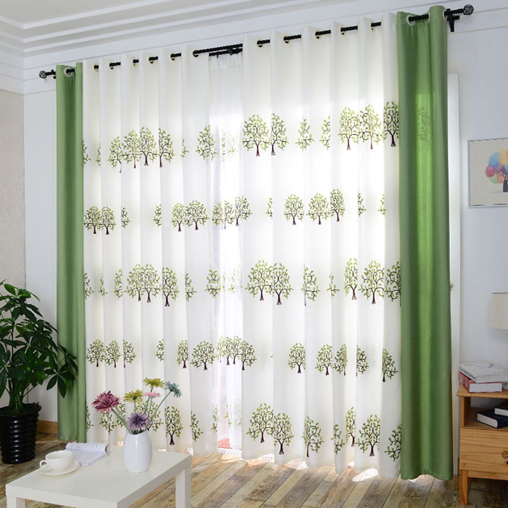 Modern Fresh Green Embroidery Sheer Curtains Tree Pattern for Living Room Bedroom Custom Decoration 2 Panels Breathable Voile Drapes No Pilling No Fading No off-lining