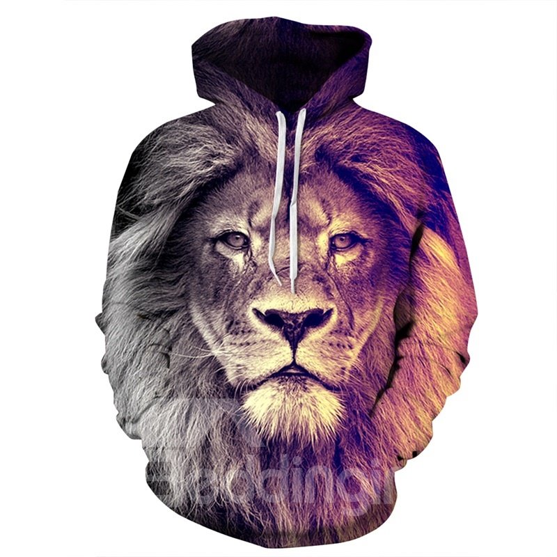 Long Sleeve Lion Face Gradient Color Pattern 3D Painted Hoodie