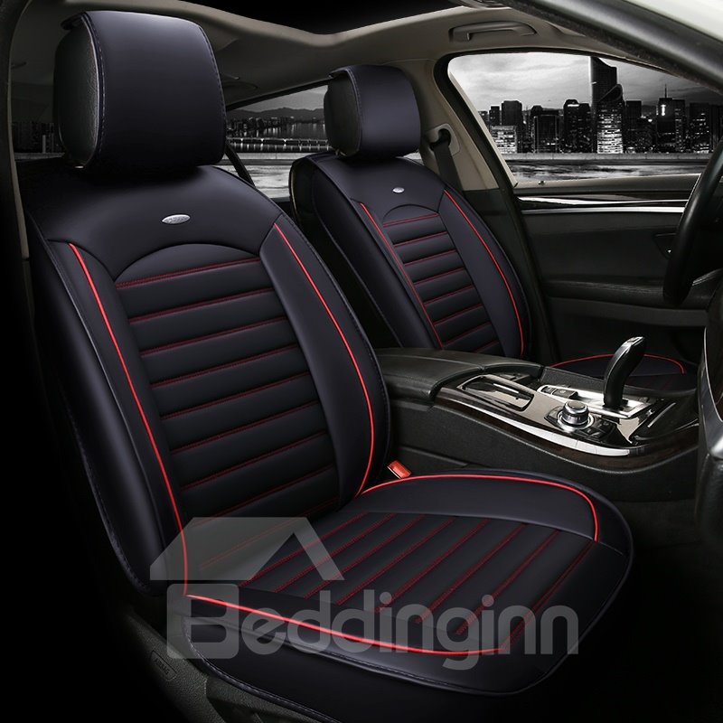 Striated Design Plus Two Bright Line Universal Leather Car Seat Cover Faux Leatherette Automotive Vehicle Cushion Cover for 5 Seat Cars SUV Sedan