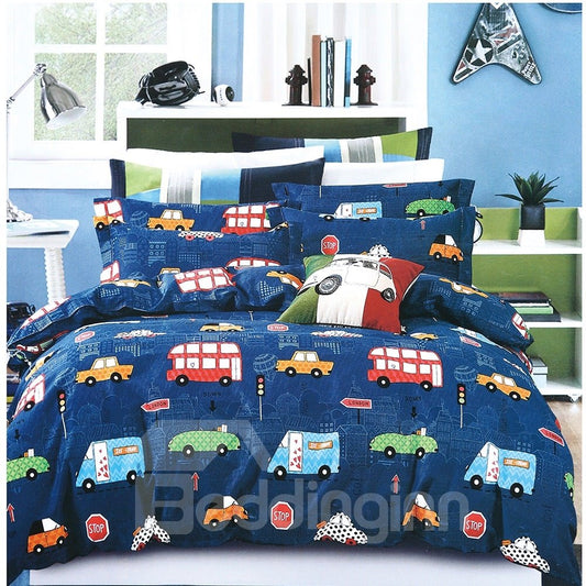 2-teilige/3-teilige Bettwäsche-Sets/Bettbezüge mit Cartoon-Auto-Aufdruck, Blau