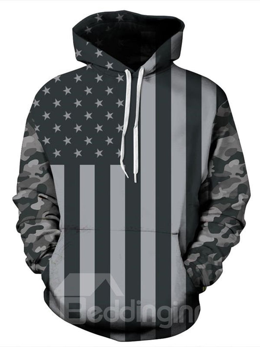 Sudadera Con Capucha Pintada En 3D Con Patrón De Bandera Americana Gris De Manga Larga De Moda