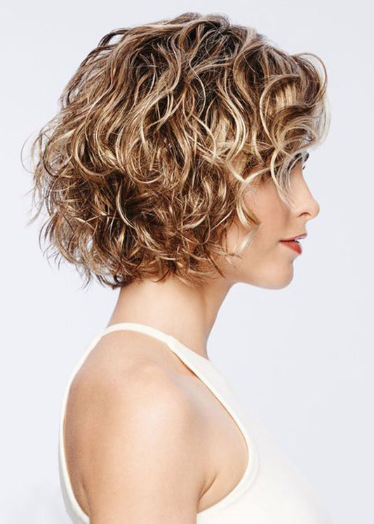 Kurze lockige Frisuren für Damen, blonde Farbe, Lace-Front-Cap-Perücken, 100 % Echthaar, 14 Zoll, 120 % Perücken 