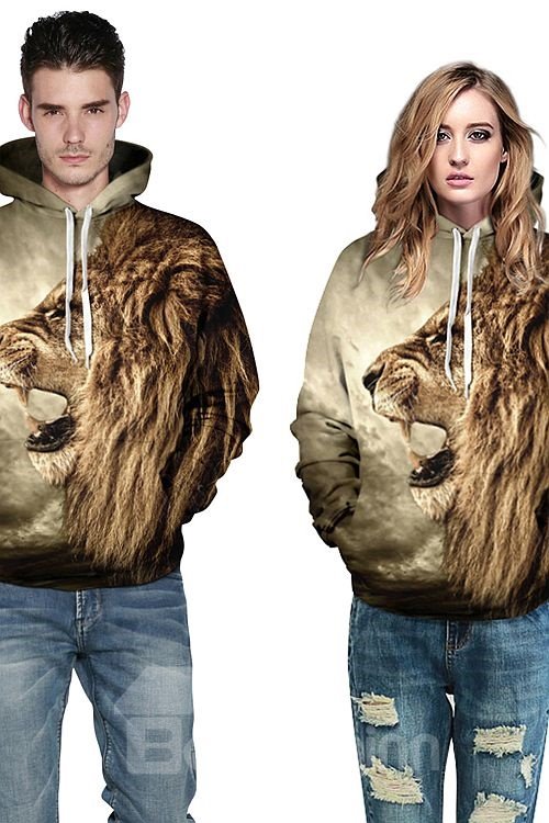 Cooler, langärmliger, modischer, 3D-gemalter Kapuzenpullover mit Löwen-Seitengesichtsmuster