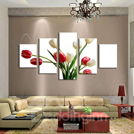 Tulips Pattern Hanging 5-Piece Canvas Eco-friendly and Waterproof White Non-framed Prints