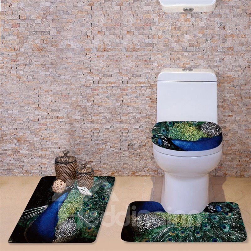 3D Peacock Feather Printed Flannel 3-Piece Toilet Seat Cover